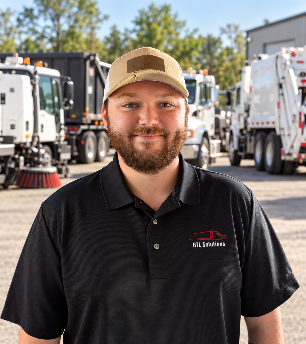 Jadan Lindquist with street sweepers, a roll-off, and a garbage truck in the background